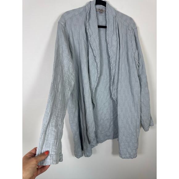 FLAX Textured Linen Cotton Blend Open Front Relaxed Fit Cardigan - Light Blue - Picture 4 of 6